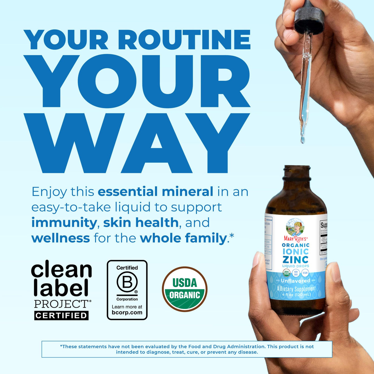 MaryRuth's liquid zinc drops premium wellness supplement bottle side view