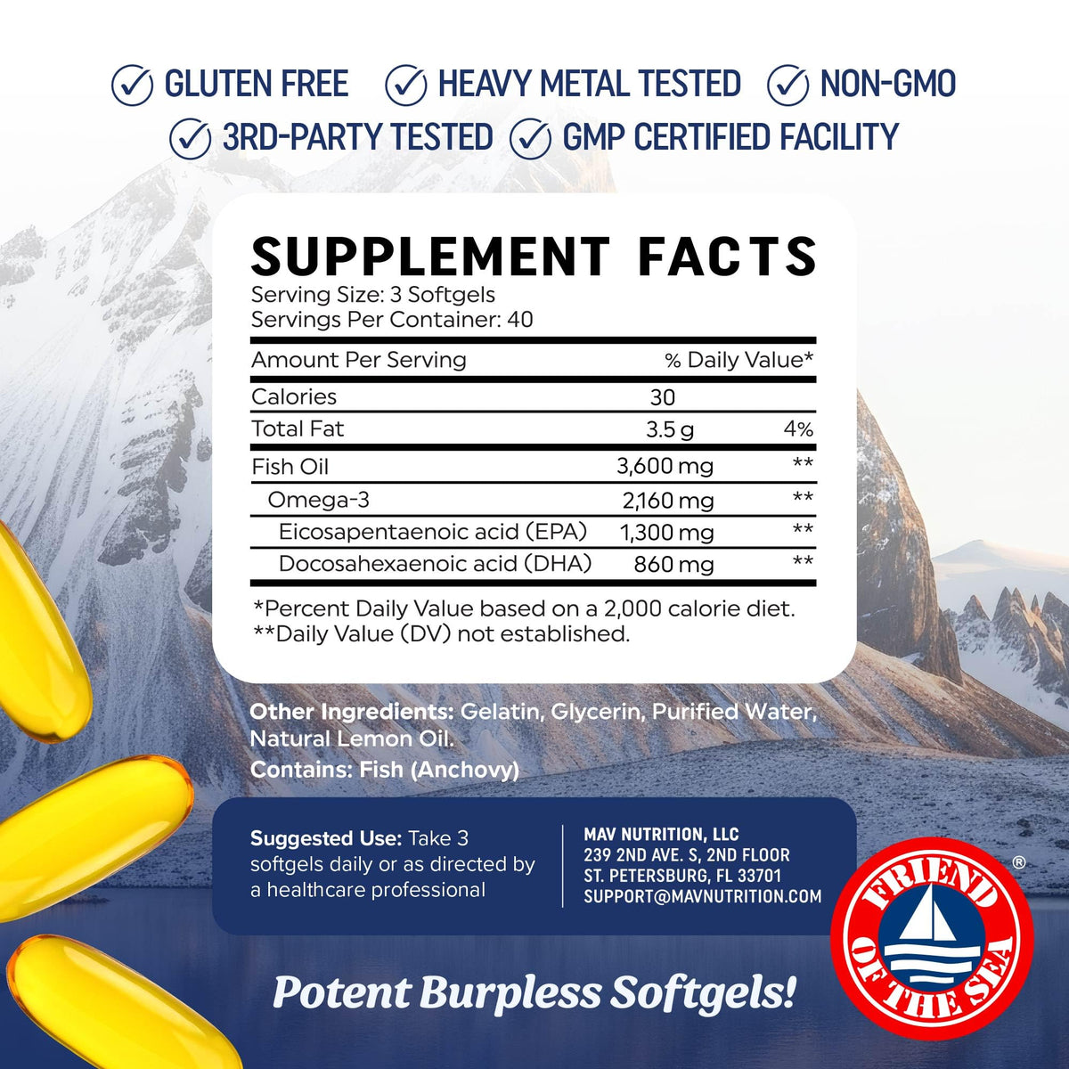 Authentic USA imported MAV Nutrition triple strength packaging showing third party tested certification logo