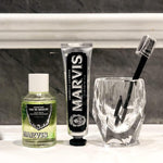 Marvis 120 milliliters mouthwash bottle standing upright showcasing the metallic cap