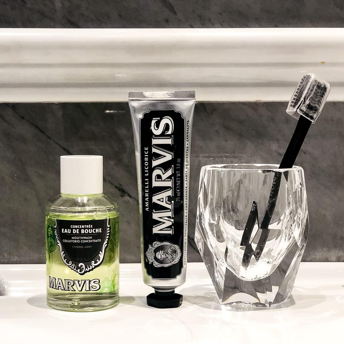 Marvis 120 milliliters mouthwash bottle standing upright showcasing the metallic cap
