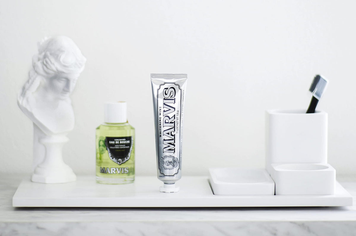 Marvis imported luxury oral hygiene product displaying rear side labels and ingredients