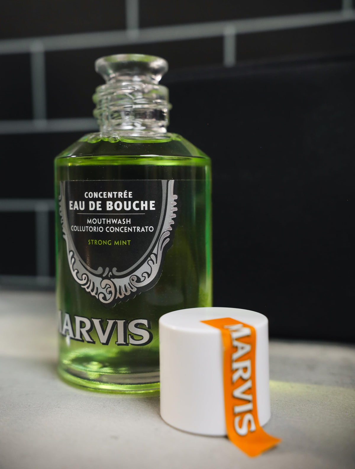 Marvis alcohol free mouthwash concentrate lifestyle view showing daily oral care usage