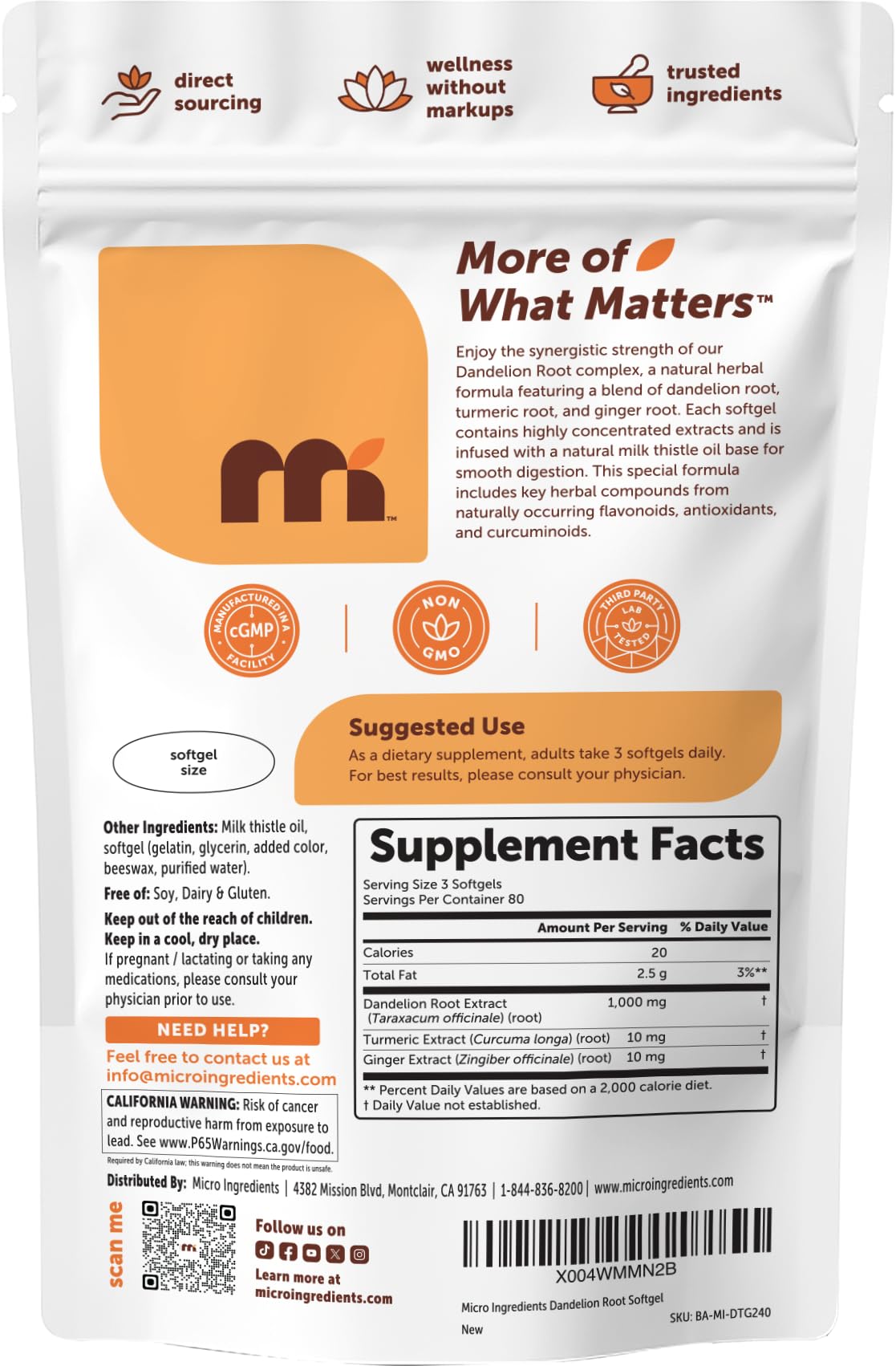 Micro Ingredients Dandelion Root softgels bottle side profile
