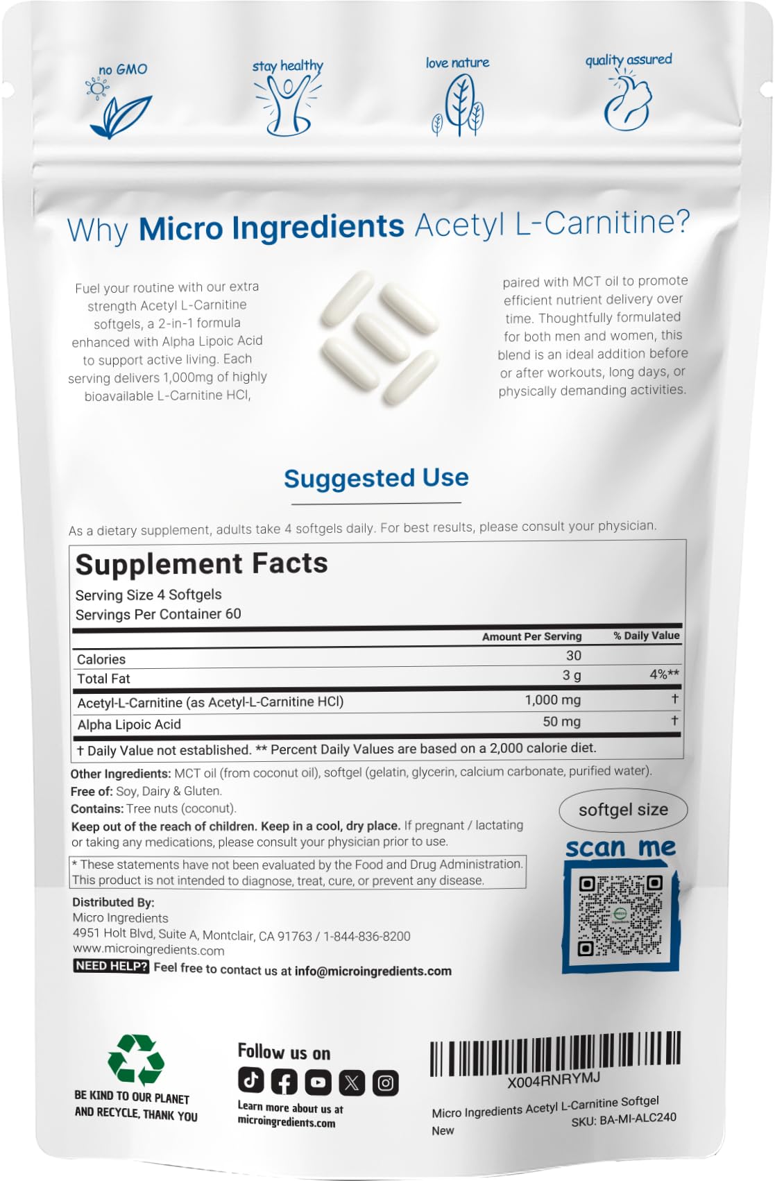 Micro Ingredients Acetyl L-Carnitine third party lab tested badge
