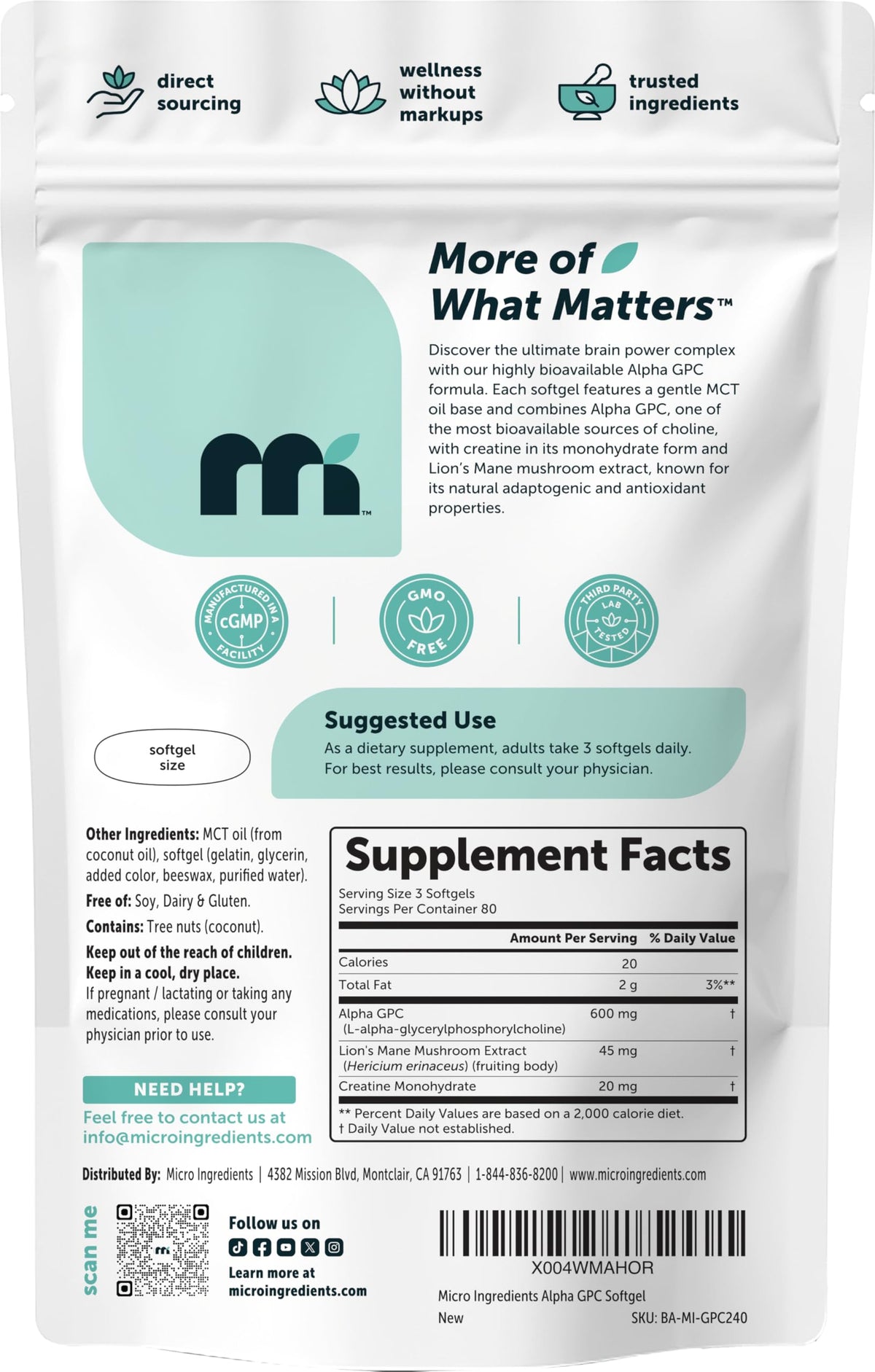 Micro Ingredients Alpha GPC supplement facts nutrition label nutritional information