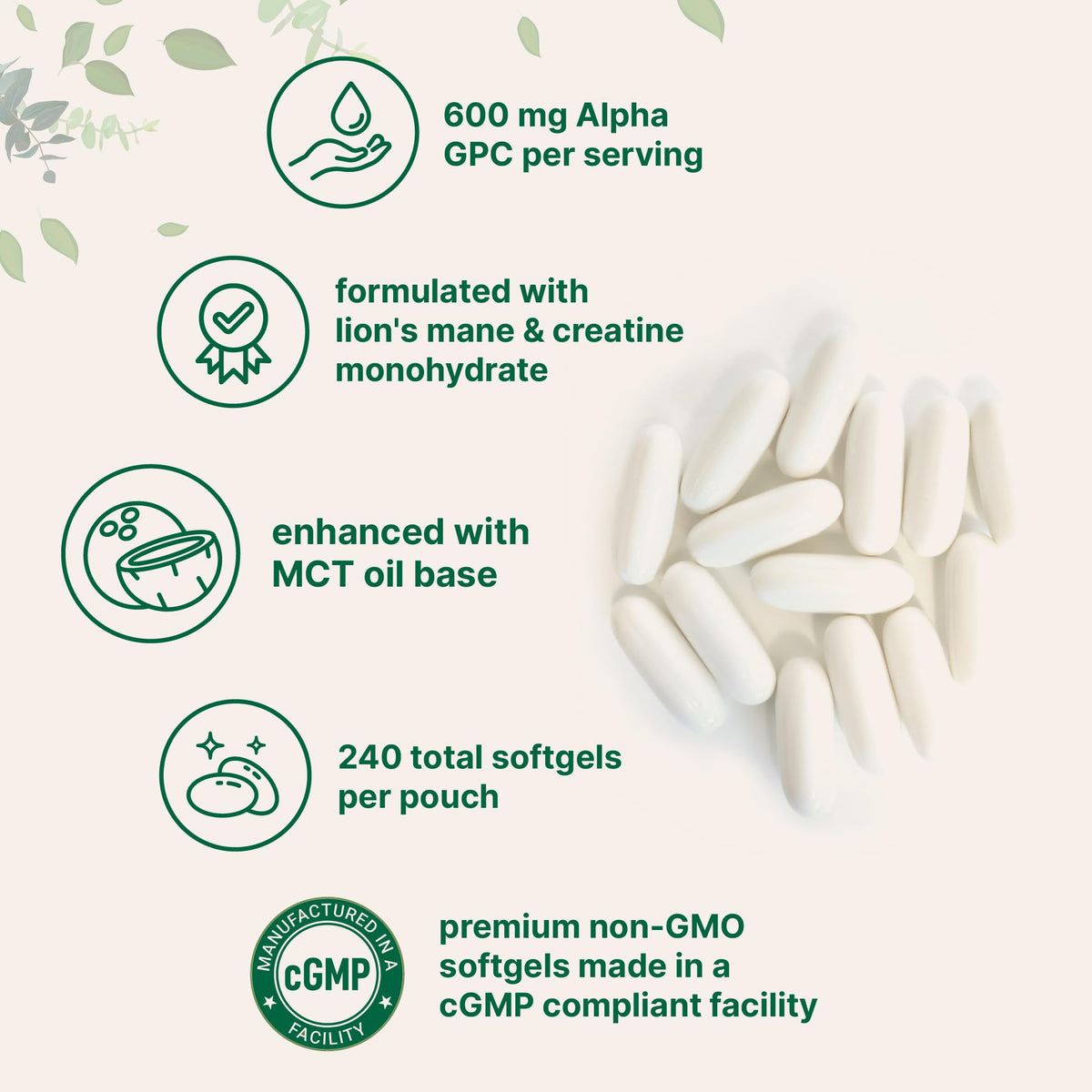 Micro Ingredients Alpha GPC softgel capsules texture and size display