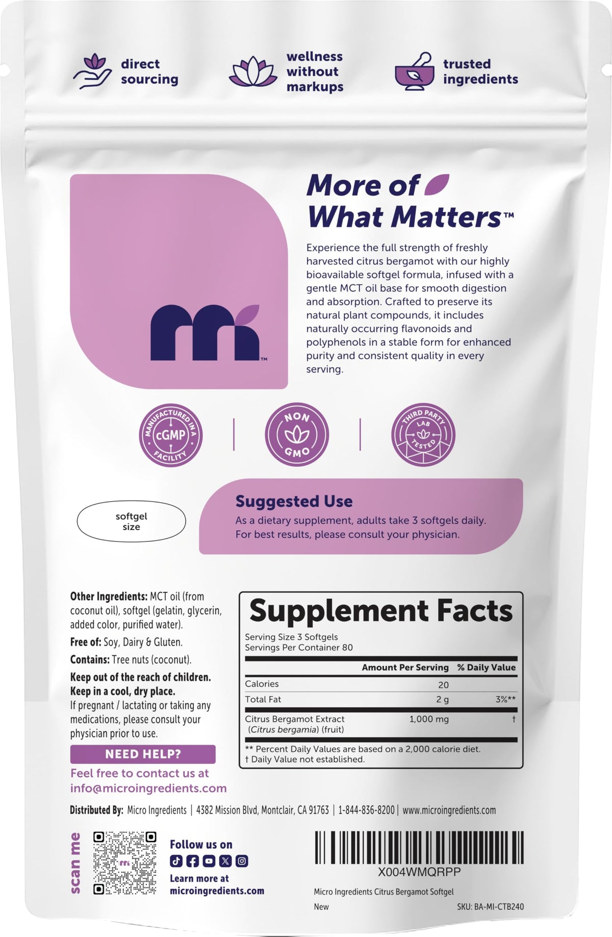 Micro Ingredients citrus bergamot 240 softgels count display