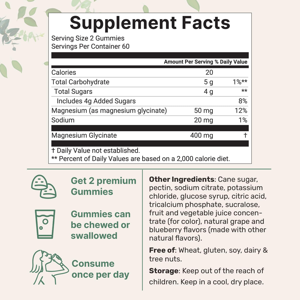 Atlantis Nutrition Magnesium Glycinate Gummies nutritional facts panel and ingredients