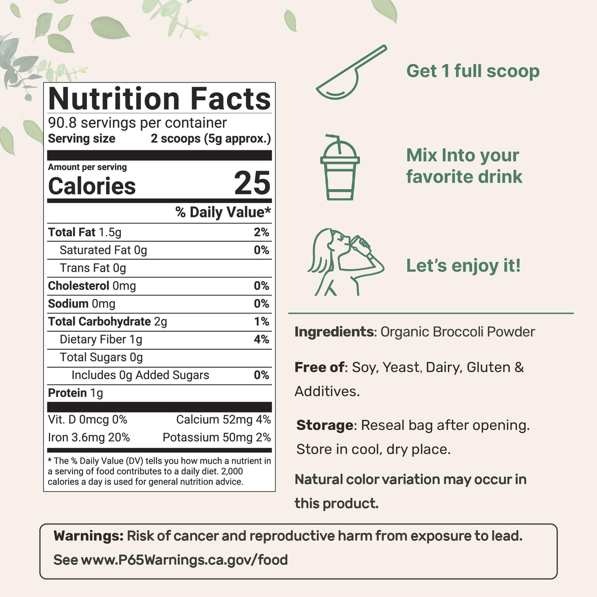 Micro Ingredients Organic Broccoli Powder nutrition facts and label details