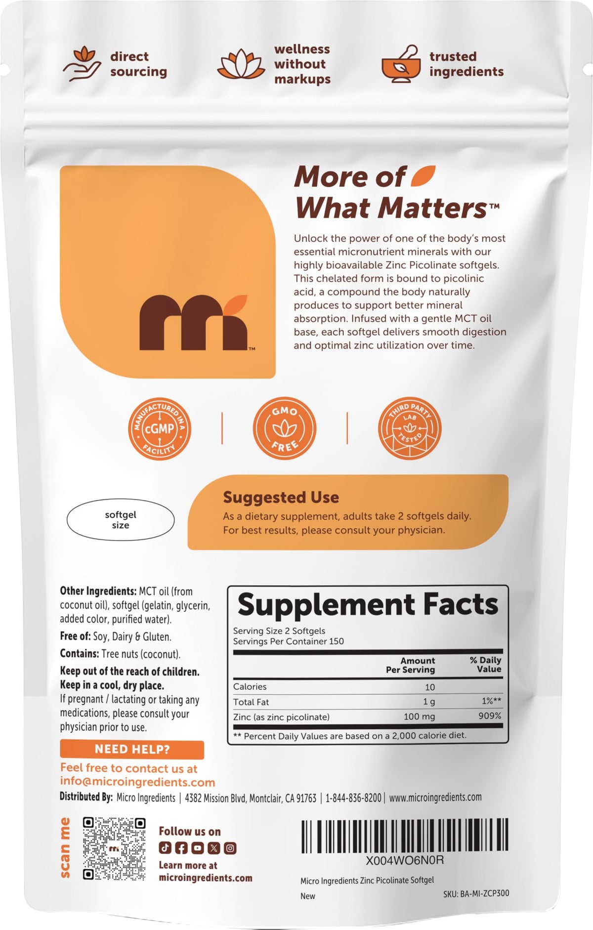 Micro Ingredients Zinc Picolinate nutritional facts and supplement panel label