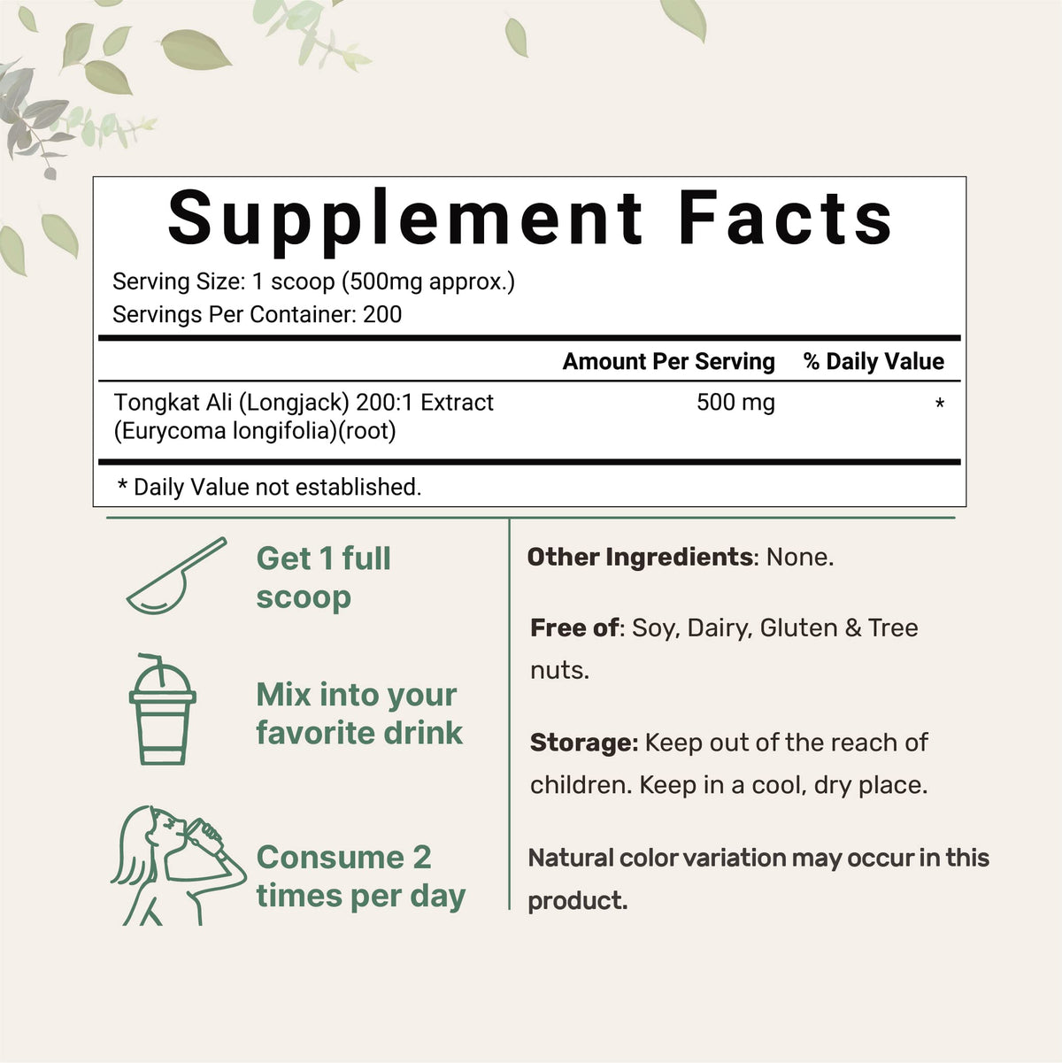 Micro Ingredients Tongkat Ali Supplement bag nutrition facts