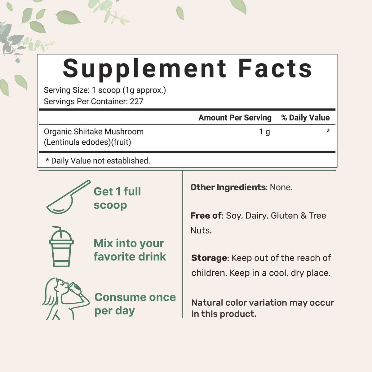Micro Ingredients organic shiitake mushroom powder 8 ounces label details