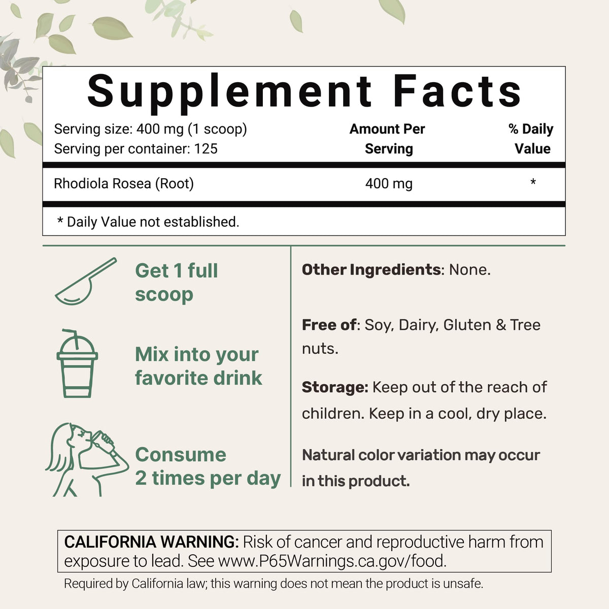 Micro Ingredients rhodiola powder nutritional label and ingredients