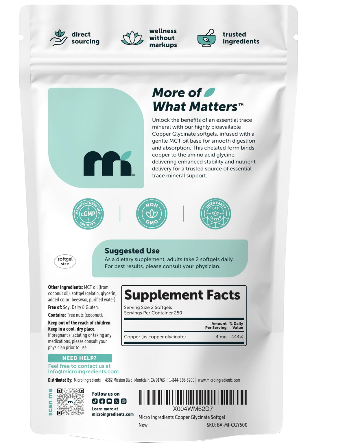 Micro Ingredients Copper Glycinate supplement facts nutrition label