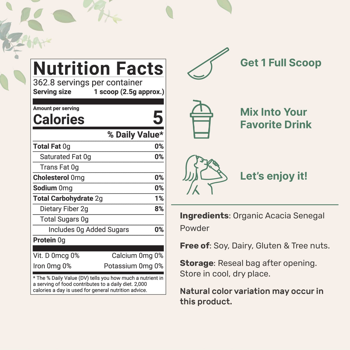 Micro Ingredients Organic Acacia Senegal Fiber Powder back label details