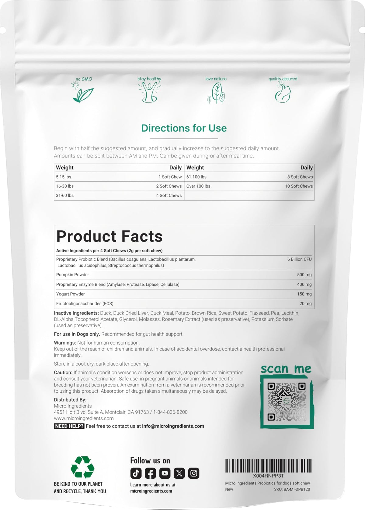 Micro Ingredients Probiotics for Dogs daily serving guide