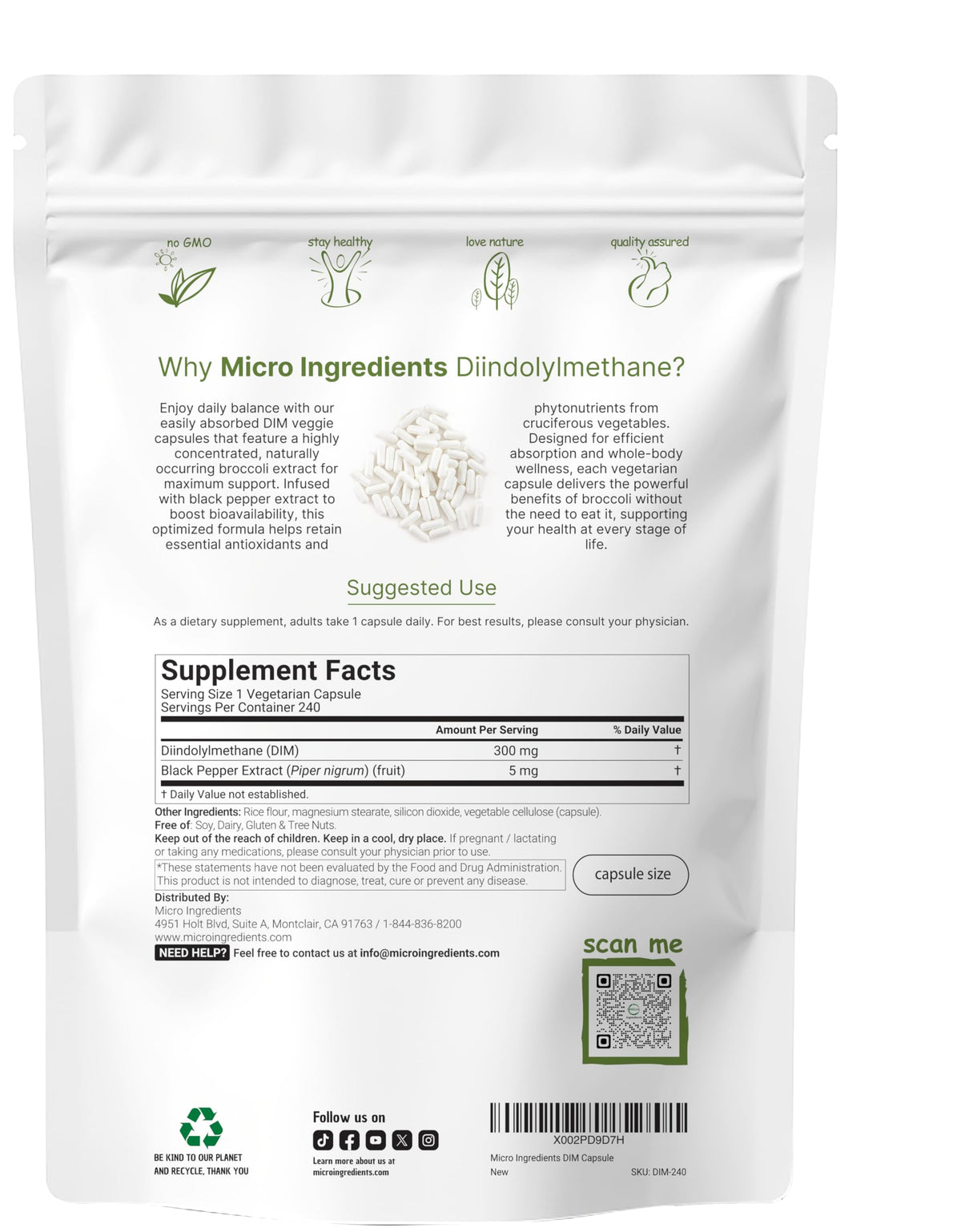 Micro Ingredients DIM 300mg capsules supplement facts label