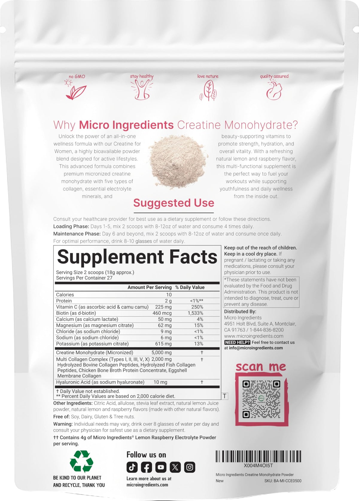 Micro Ingredients fitness supplement tub rear label details