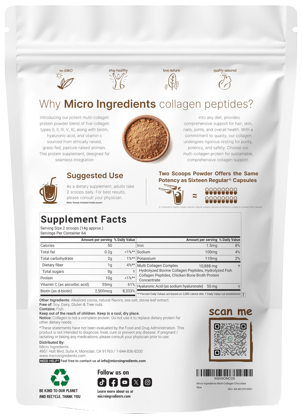 Micro Ingredients Multi Collagen Peptides Powder tub nutritional facts