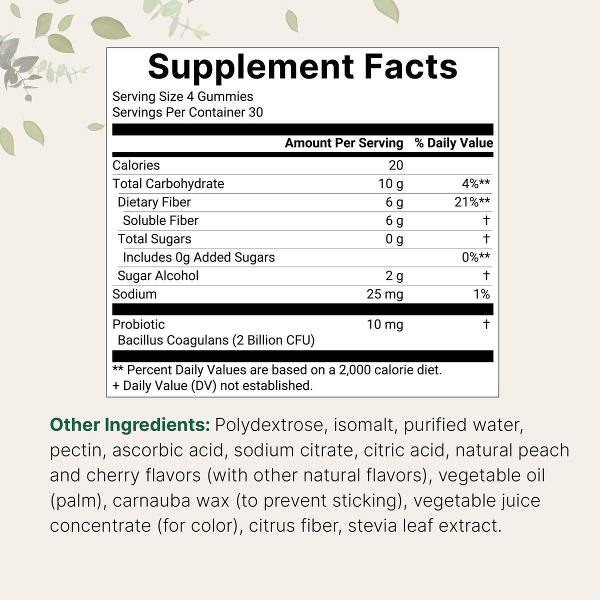 Micro Ingredients Fiber Gummies nutrition facts panel close up