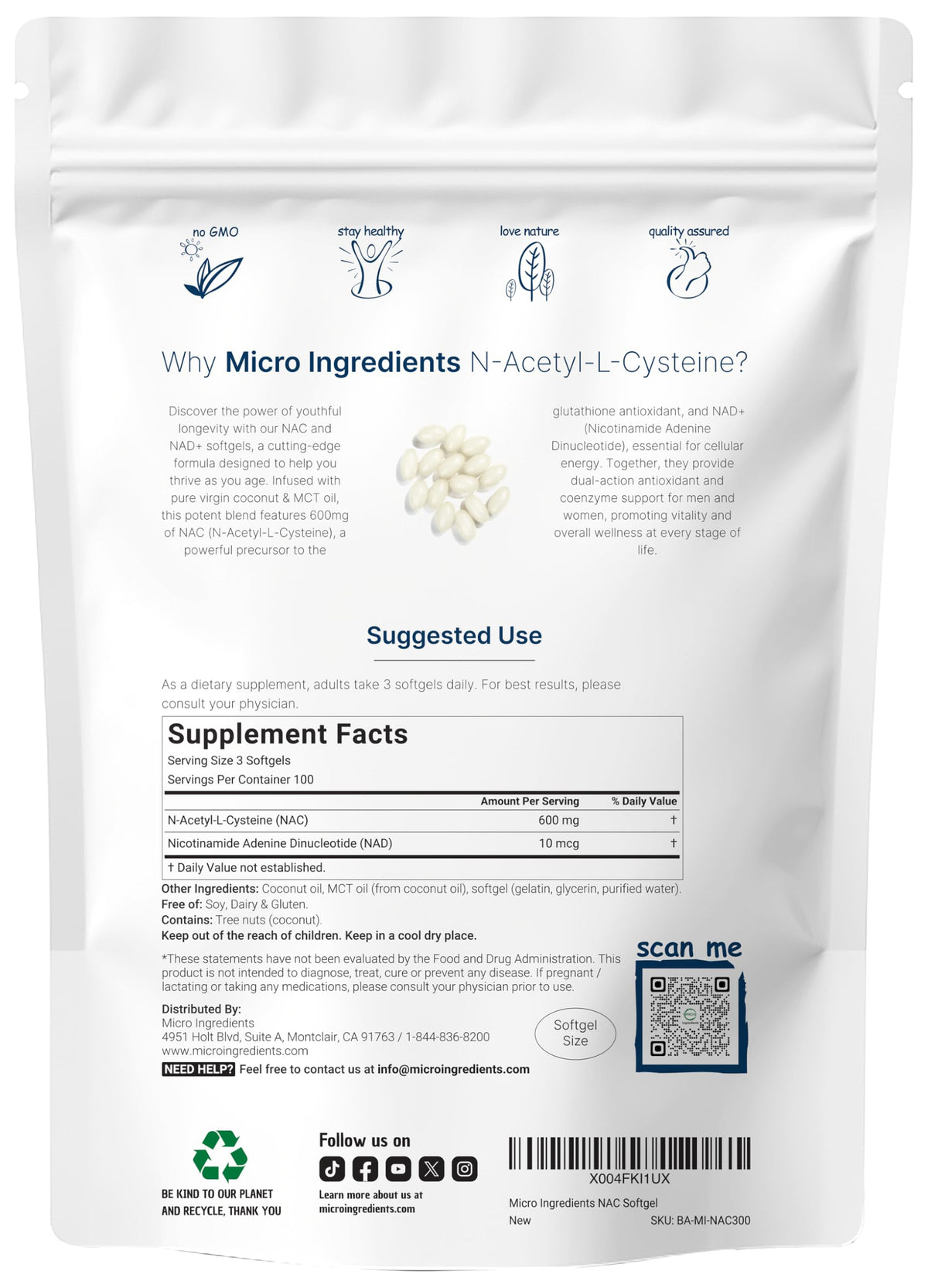 Micro Ingredients NAC 600mg supplement pouch nutrition facts label
