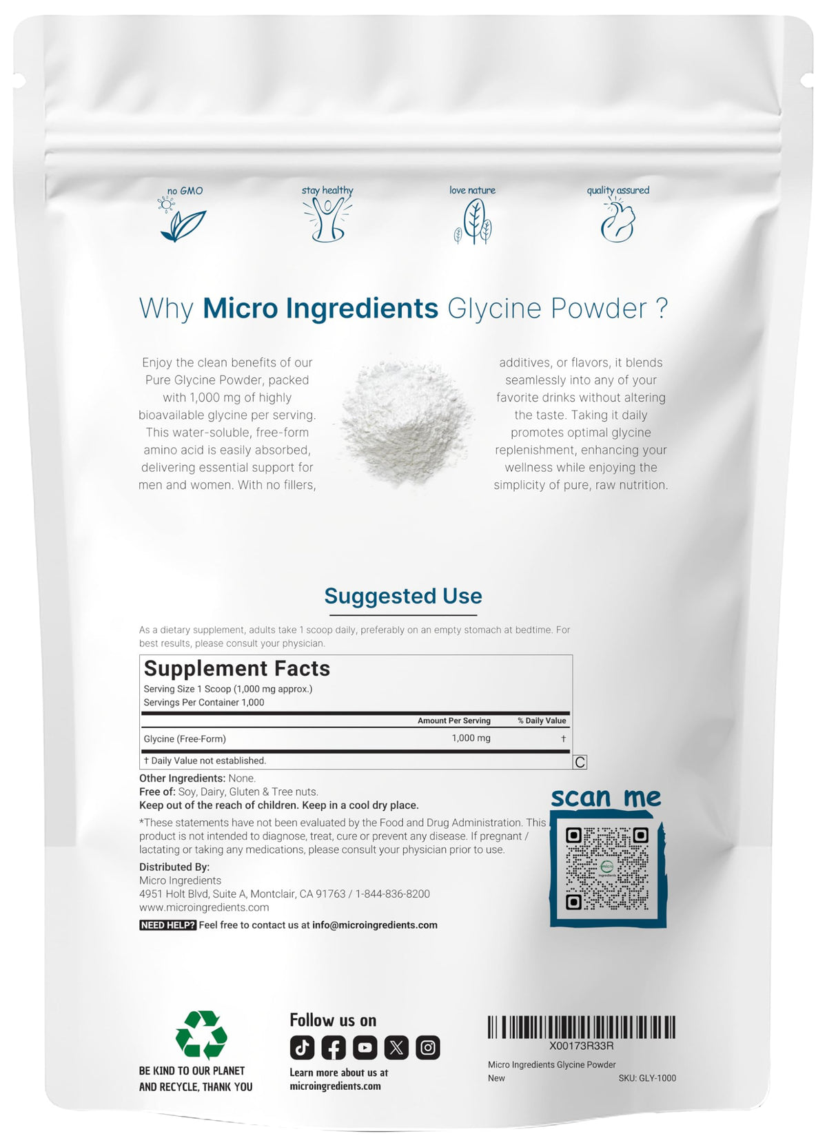 Micro Ingredients Glycine Powder nutritional facts supplement label
