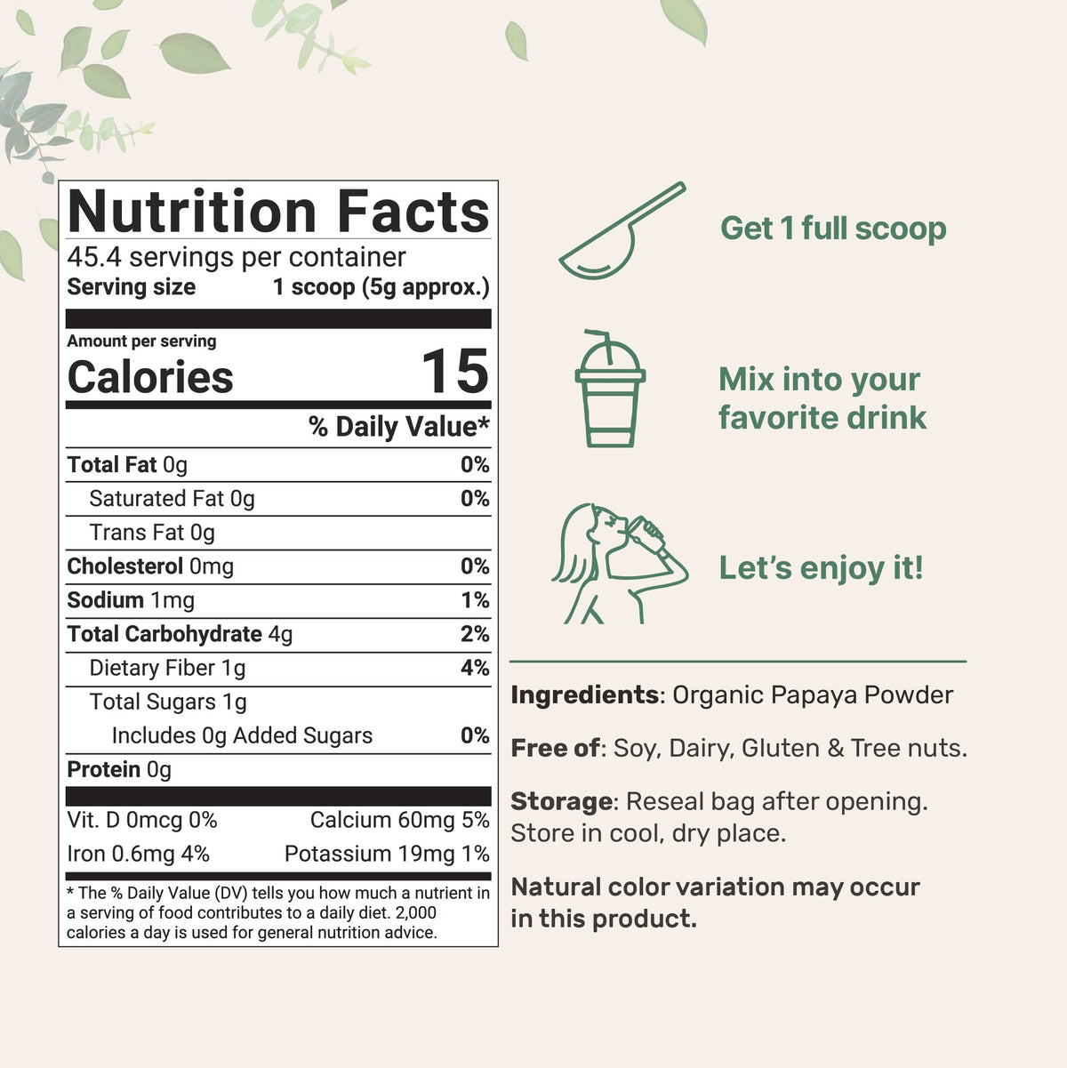 Micro Ingredients Organic Papaya Fruit Powder nutrition facts label detail