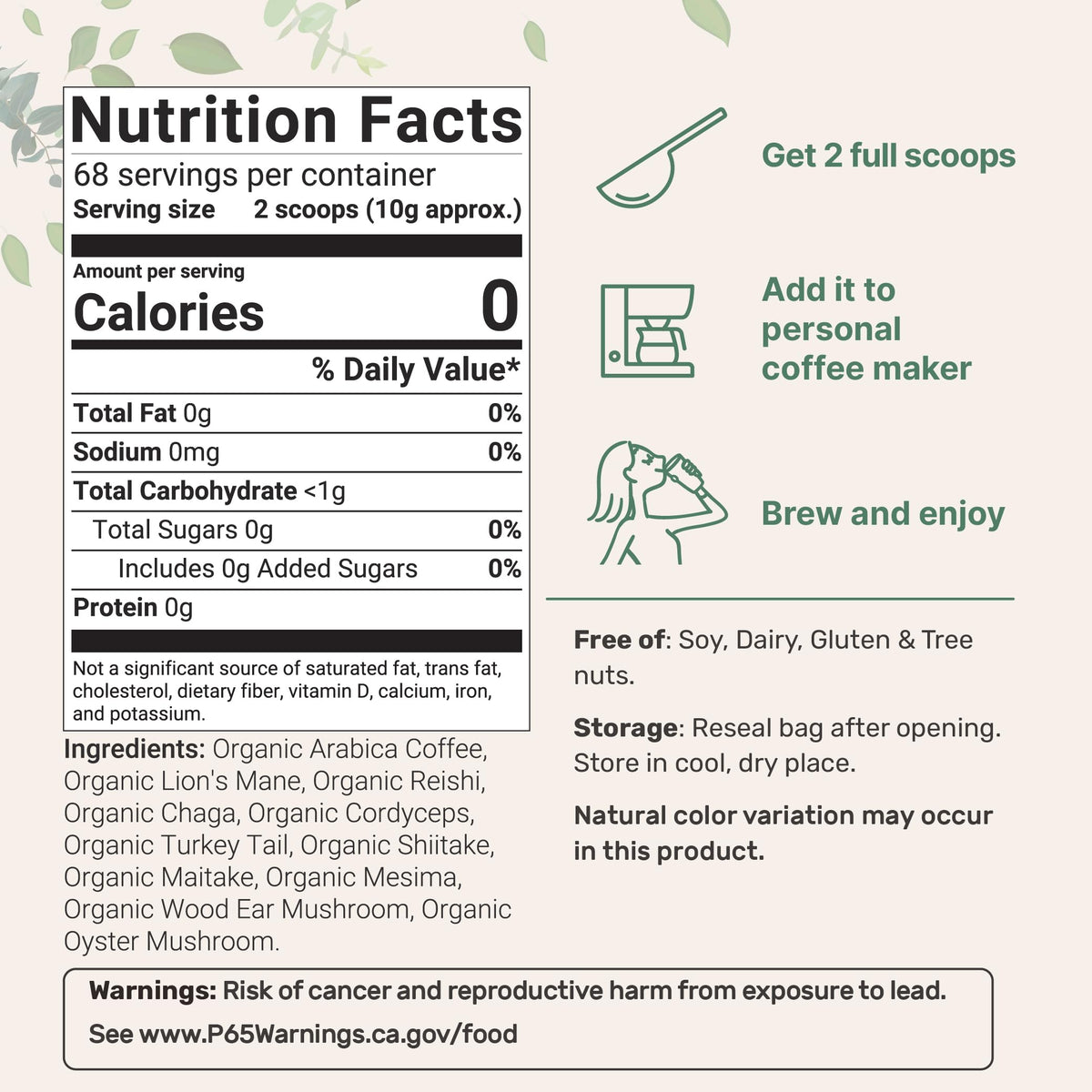 Micro Ingredients ground mushroom coffee ingredients label and details