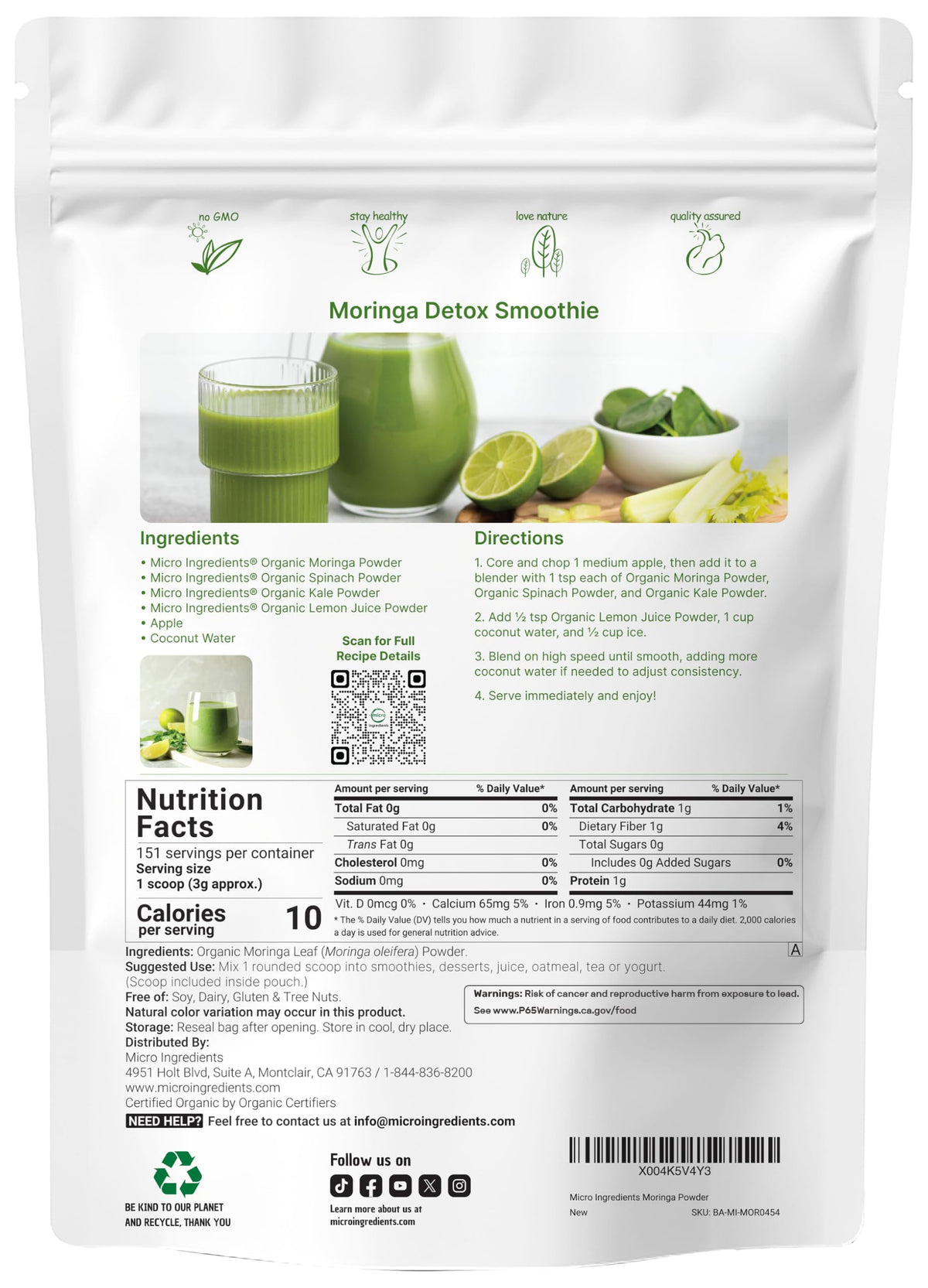 Micro Ingredients organic moringa powder nutritional label details