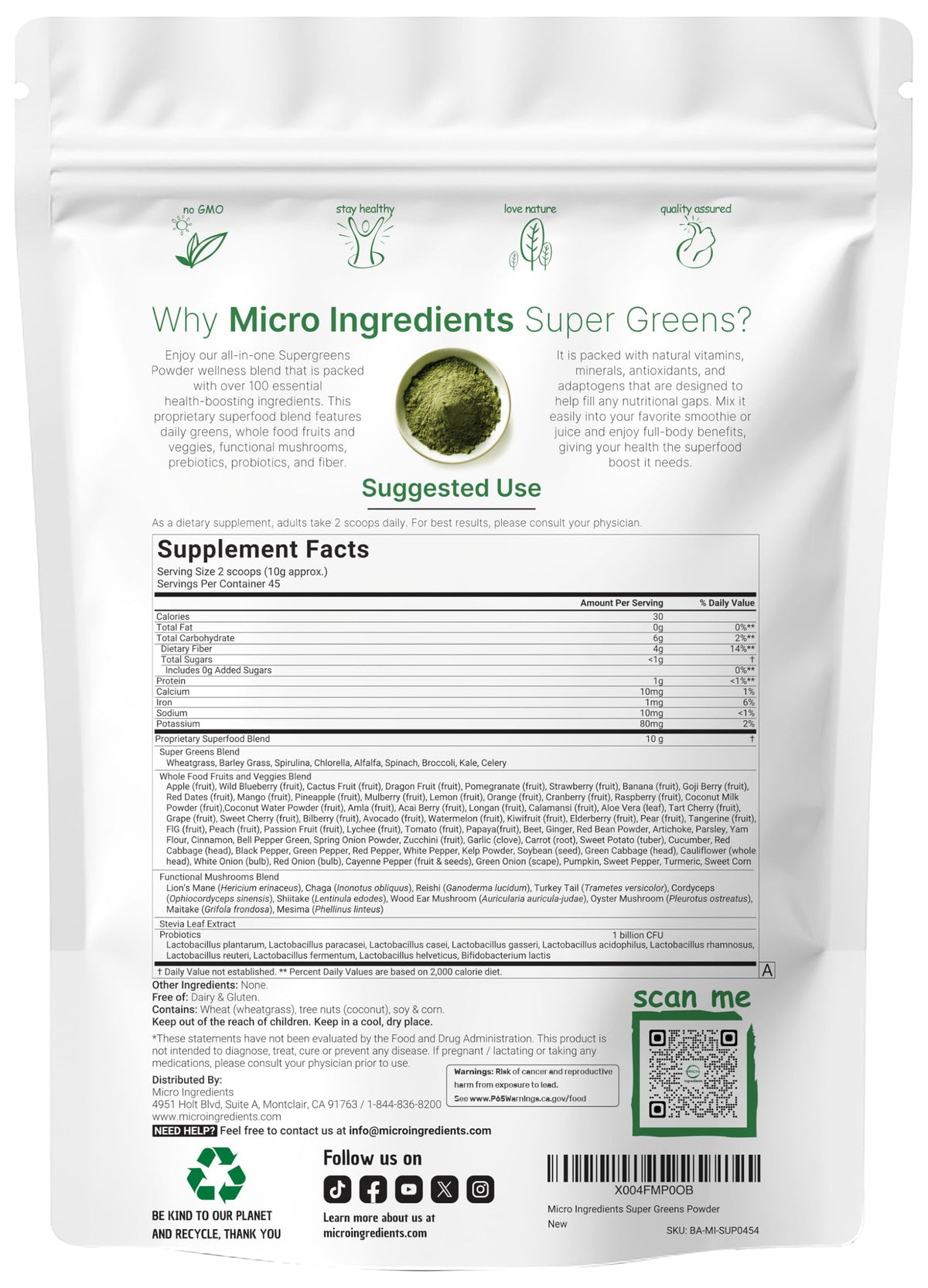 Micro Ingredients super greens powder ingredient label close up