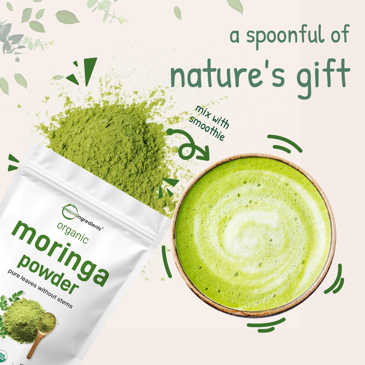 Micro Ingredients organic moringa powder 1 pound pouch size reference