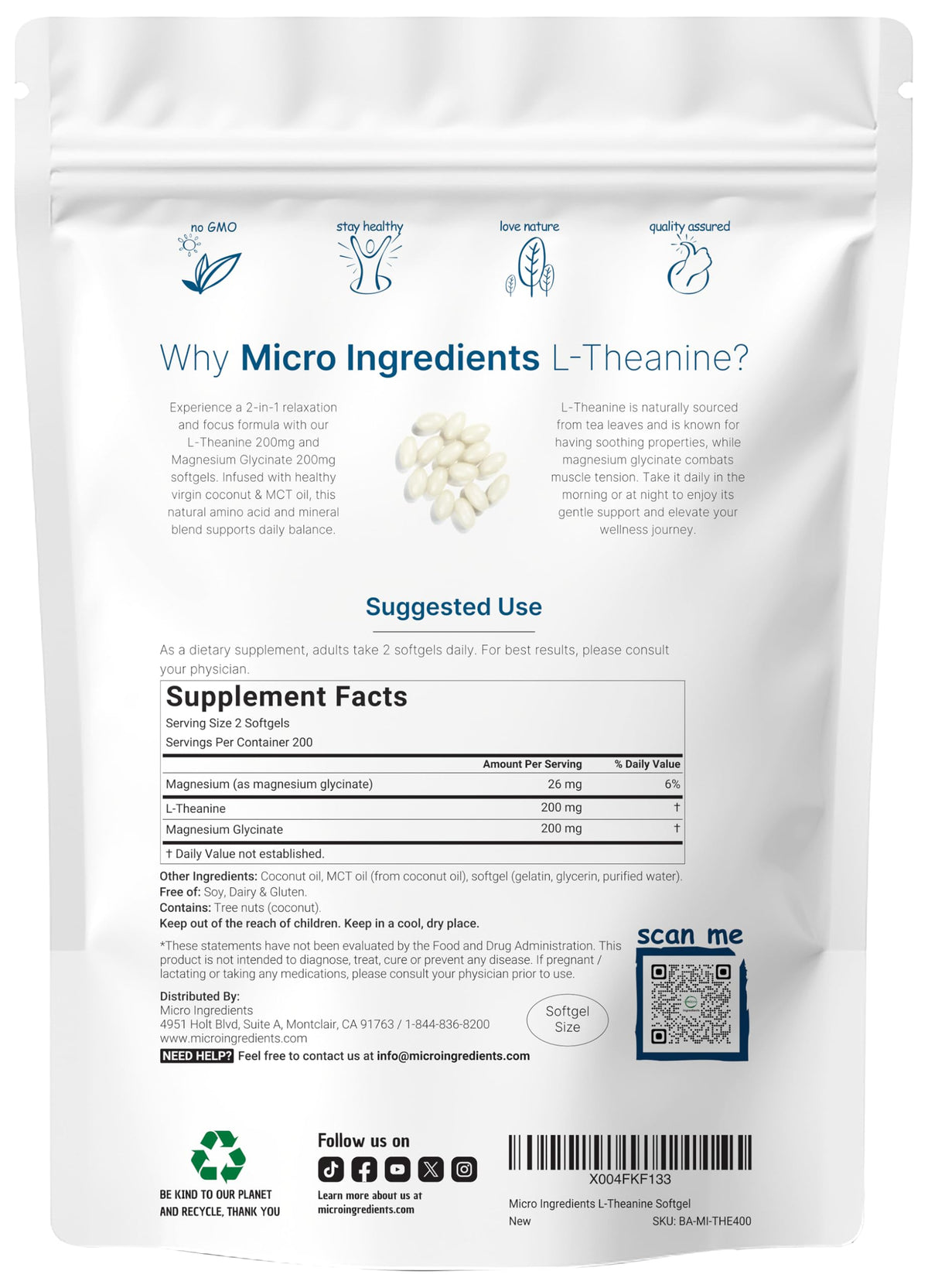 Micro Ingredients 400 coconut MCT oil softgels supplement bottle label details
