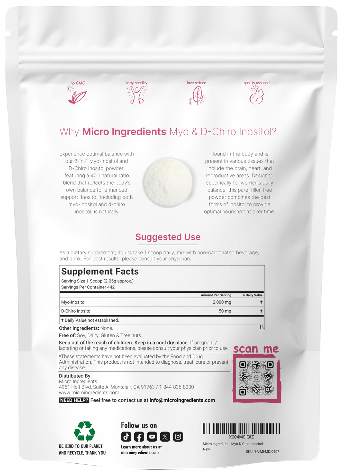 Micro Ingredients inositol powder 2 pound package back label