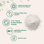 Close up of fine white inositol supplement powder texture