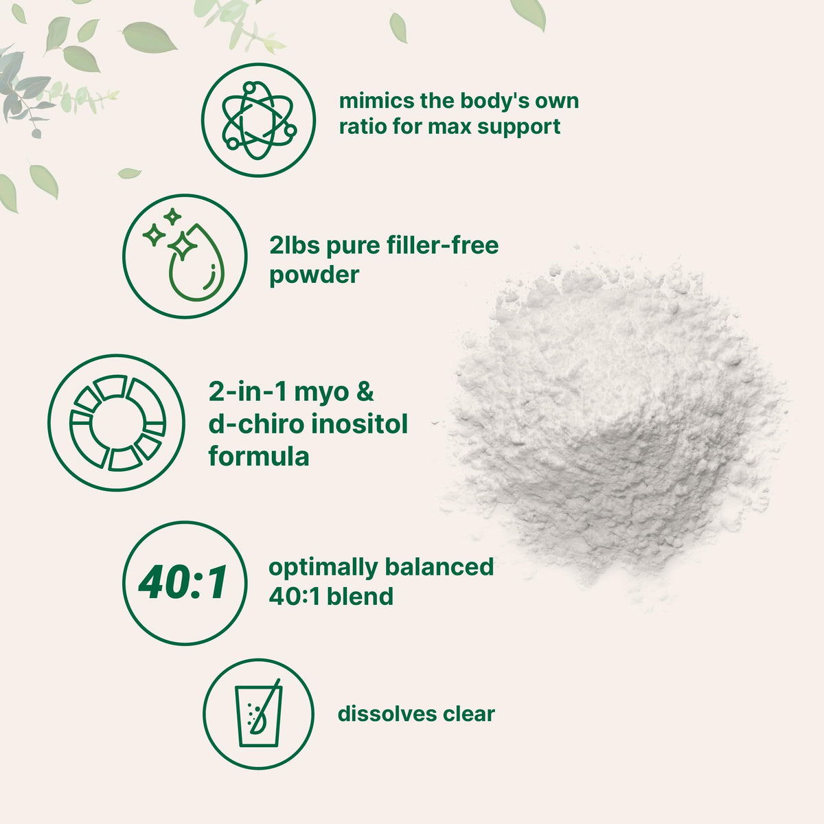 Close up of fine white inositol supplement powder texture
