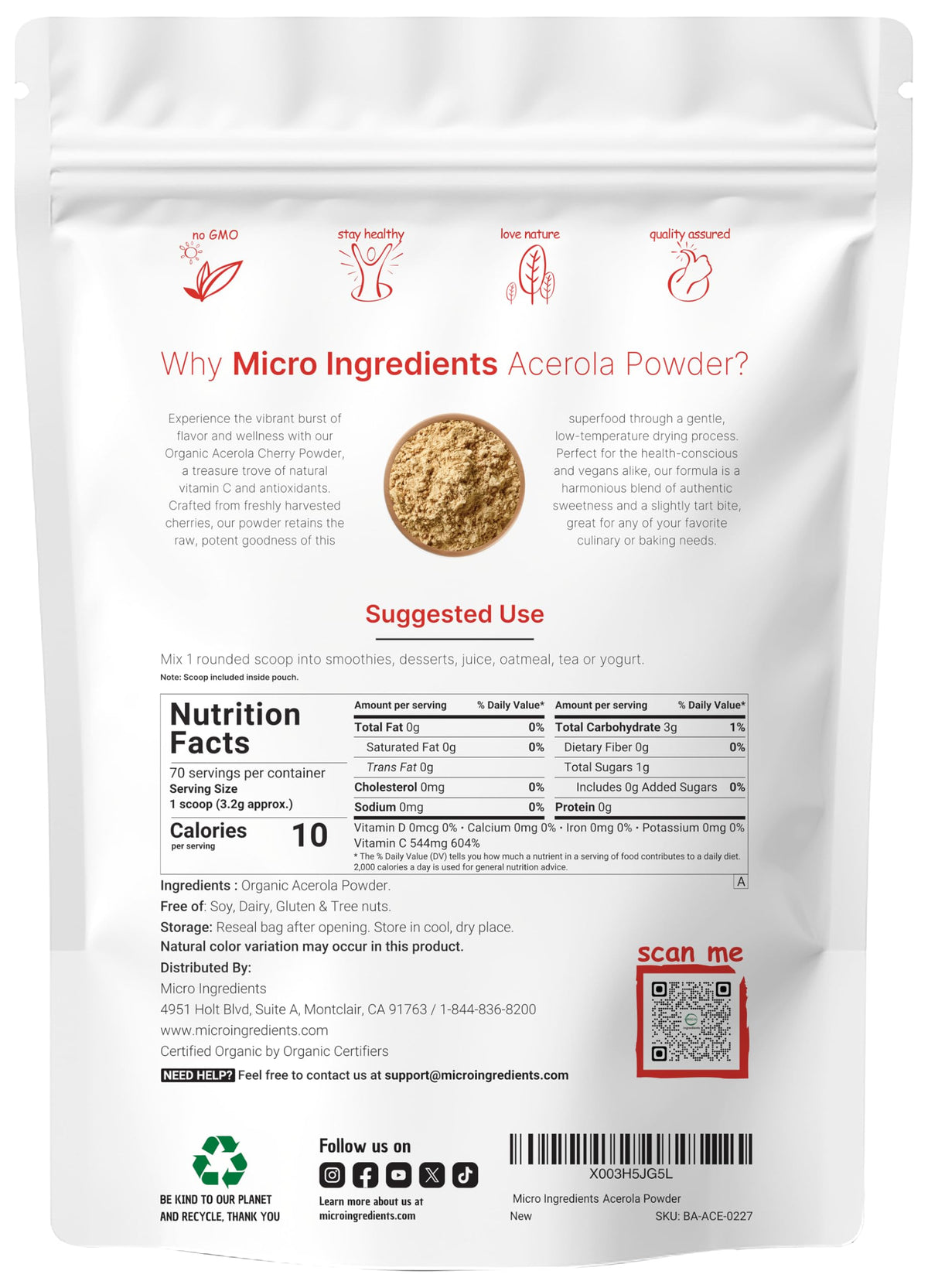 Micro Ingredients Organic Acerola Powder packaging back label details