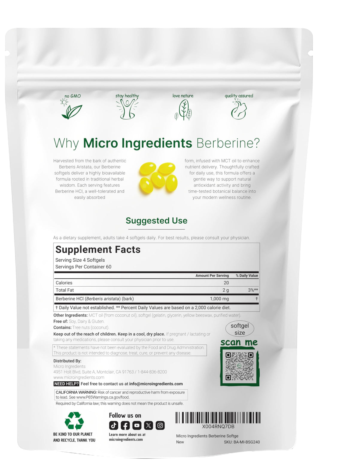 Micro Ingredients Berberine supplement pouch back label details