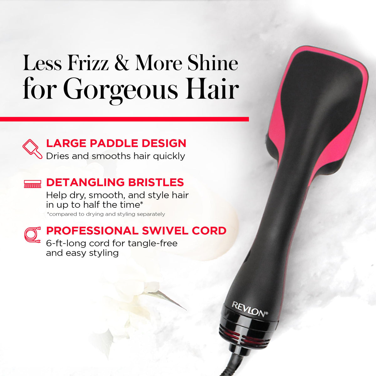 Revlon all-in-one blow dryer brush packaging detailing the product specifications and ionic technology benefits.