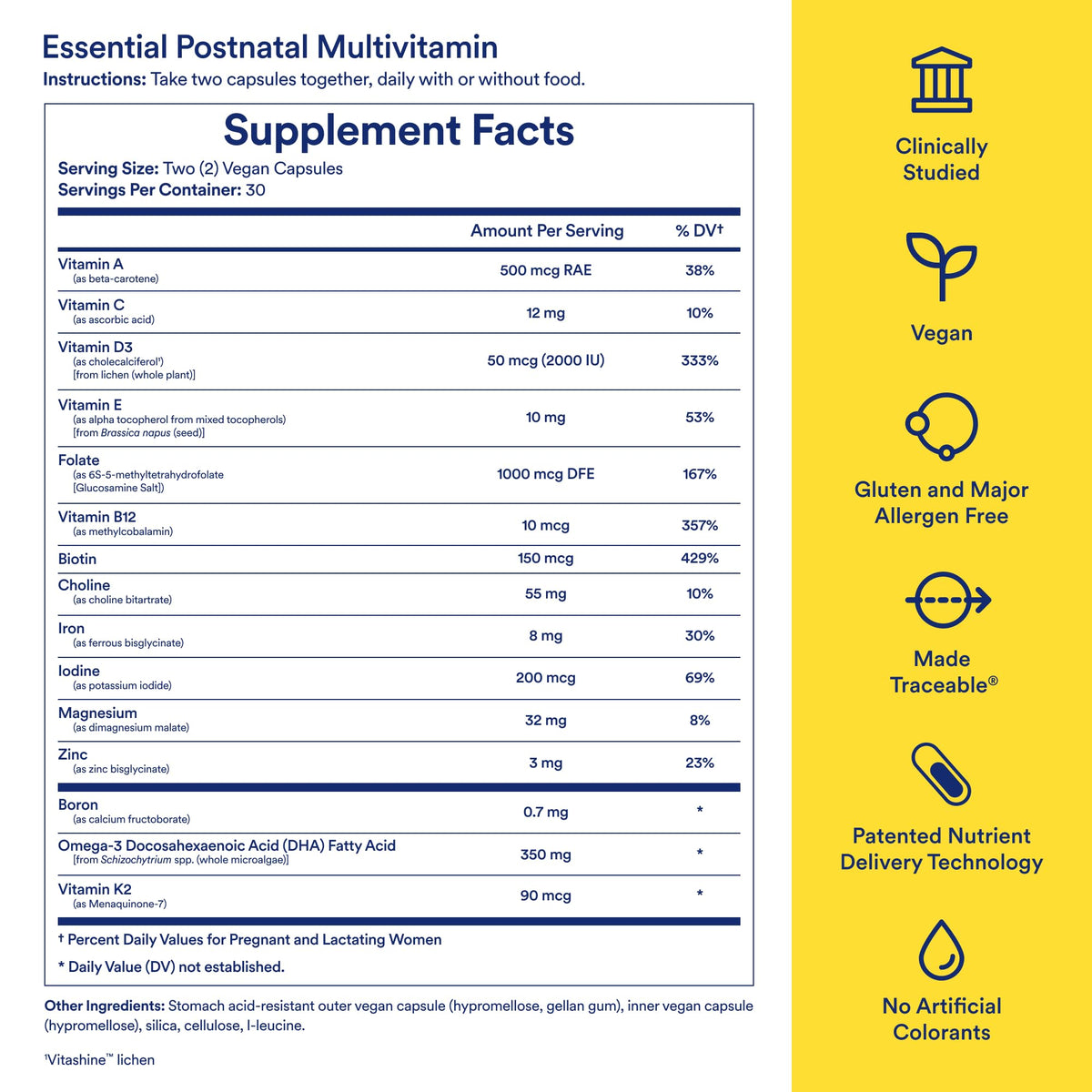 Back label of Ritual postnatal multivitamin with ingredient list