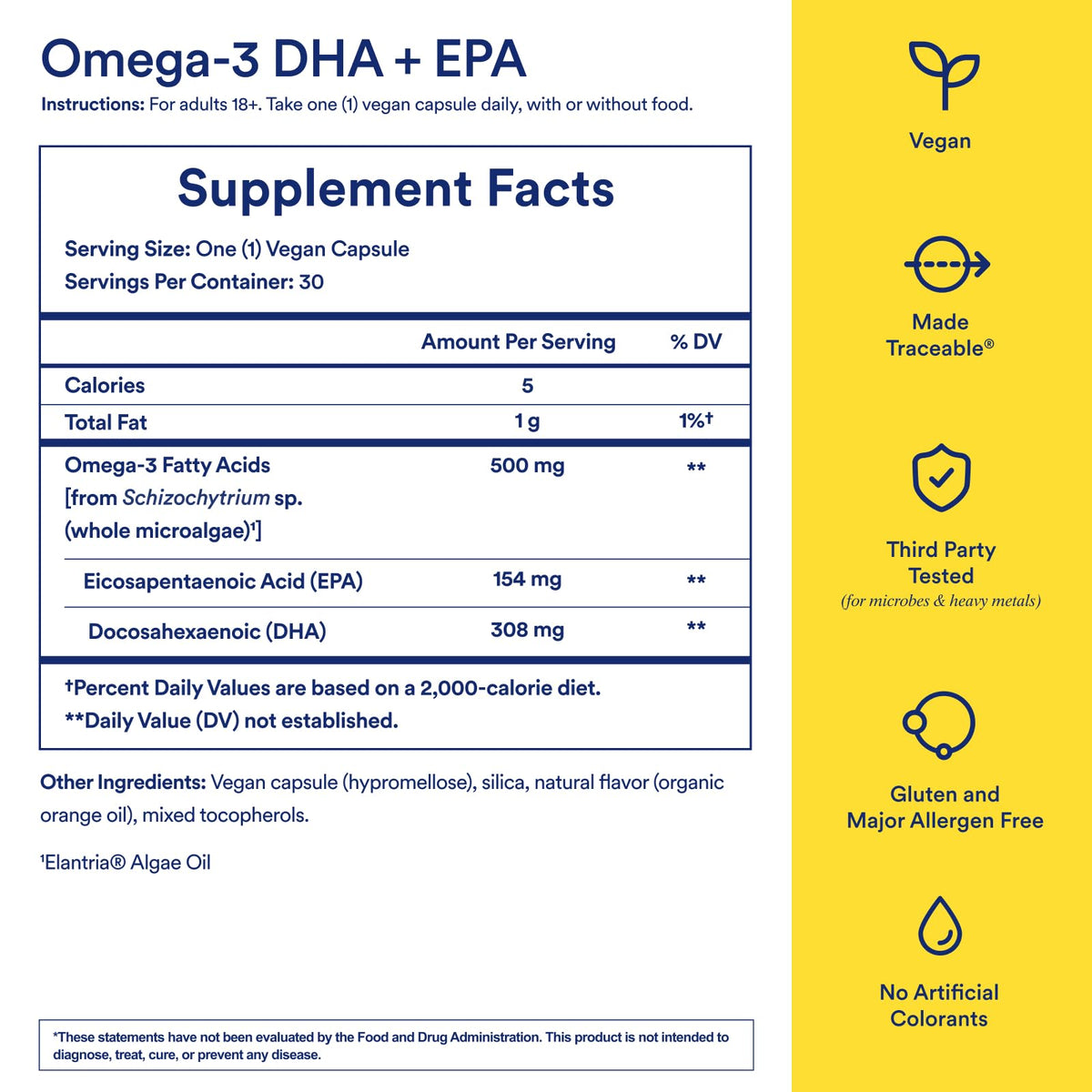 Ritual bioavailable DHA and EPA dietary supplement nutritional label close up