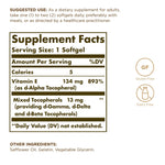 Solgar Vitamin E 134 mg supplement label details and mixed tocopherols fact panel