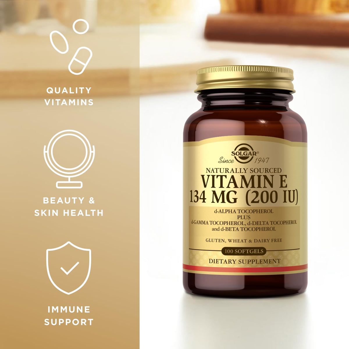 Solgar imported antioxidant vitamin e softgels beside its protective gold cap packaging