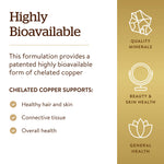 Solgar copper mineral tablets 100 count bottle displaying the vegan and kosher symbols clearly.