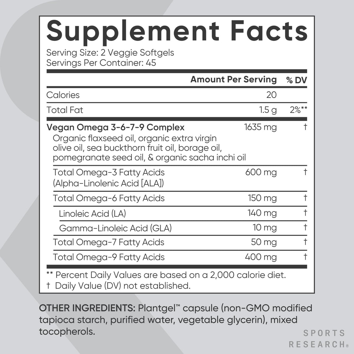 Sports Research Vegan Omega 3-6-7-9 bottle with softgels
