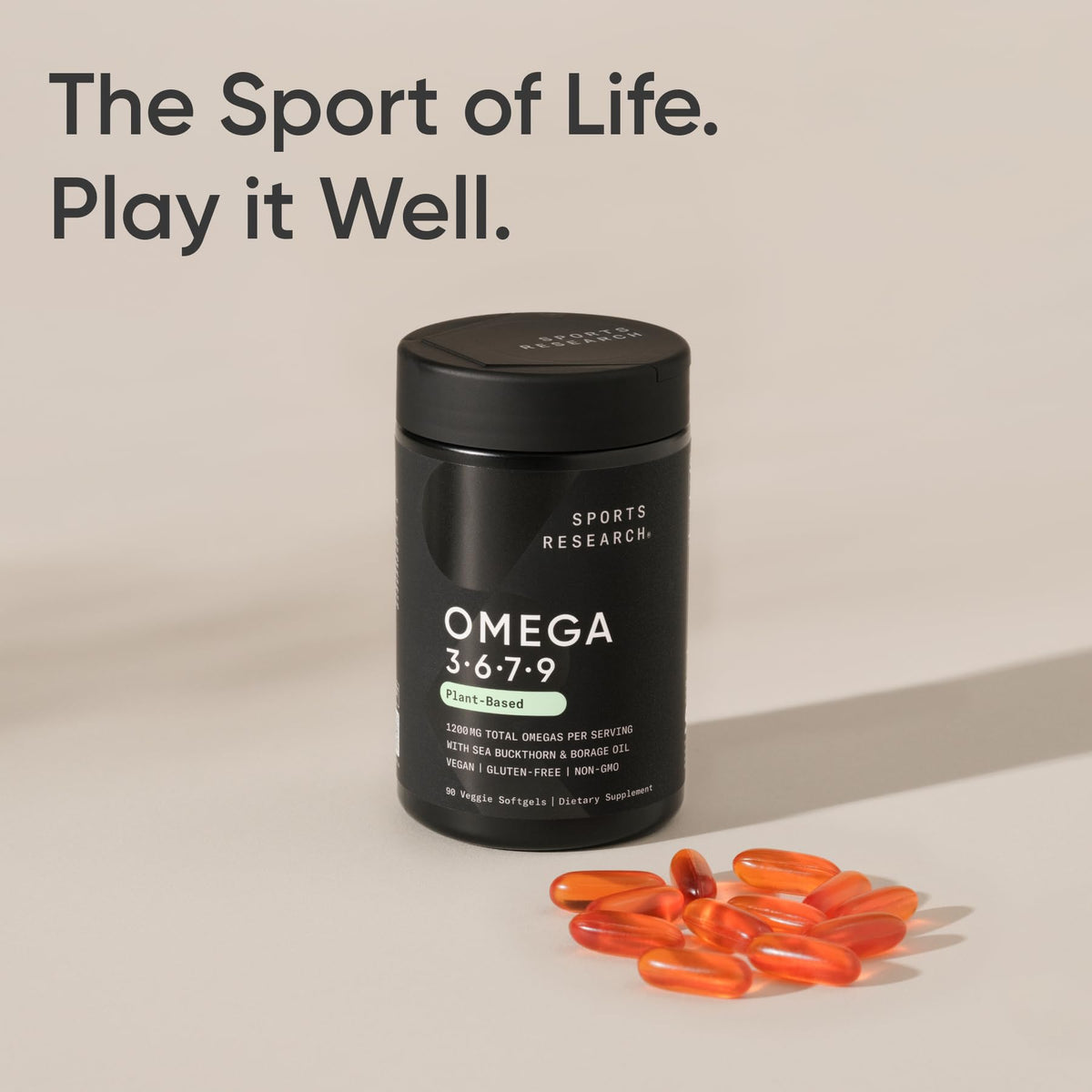 Sports Research Vegan Omega 3-6-7-9 premium dietary supplement bottle