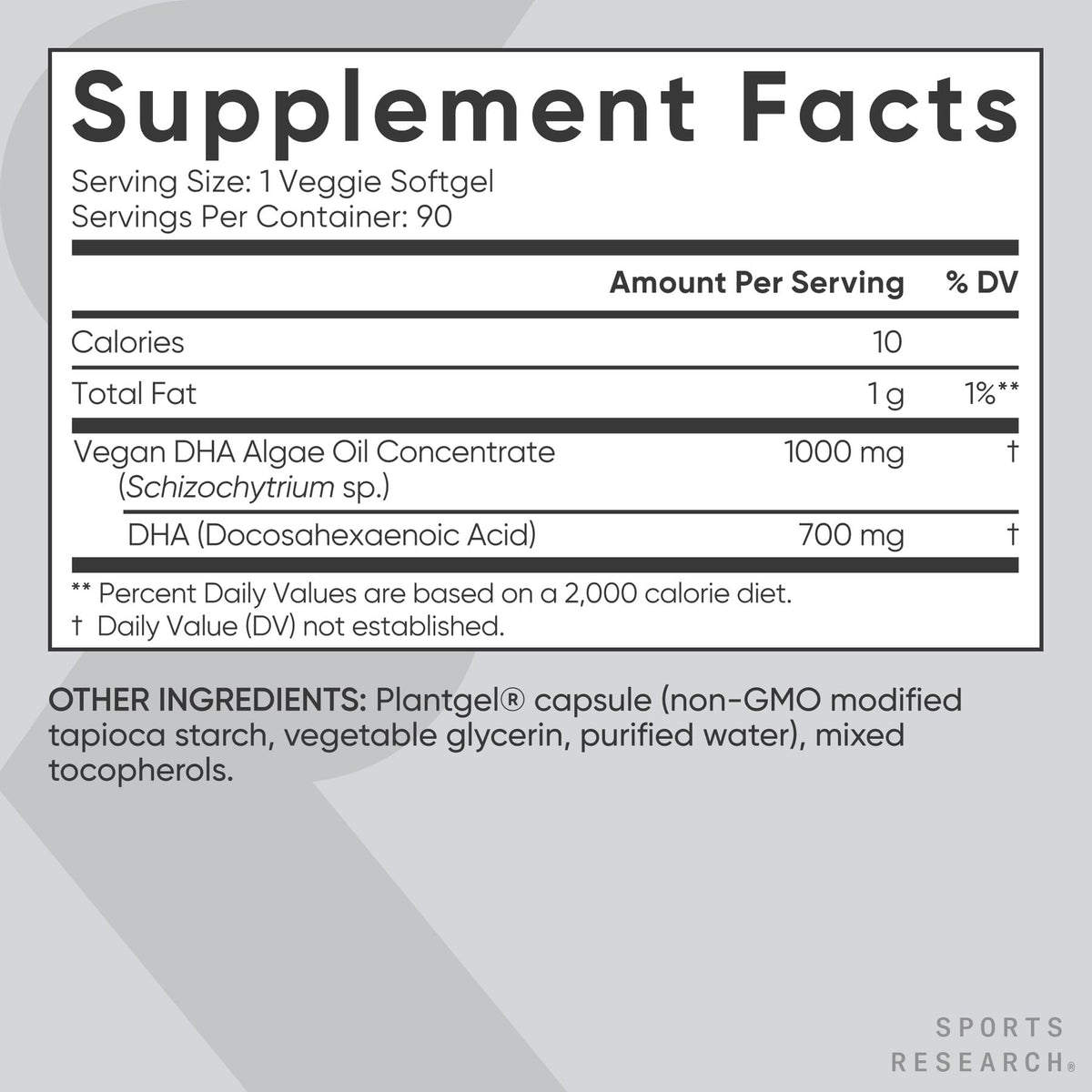 Sports Research authentic imported USA supplement bottle highlighting seven hundred milligrams DHA