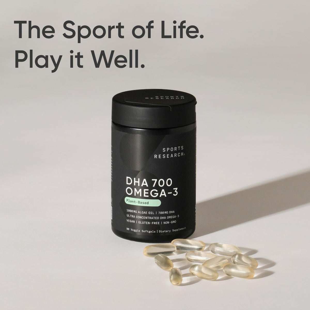 Sports Research vegan algae oil supplement bottle showing cognitive support and brain wellness benefits