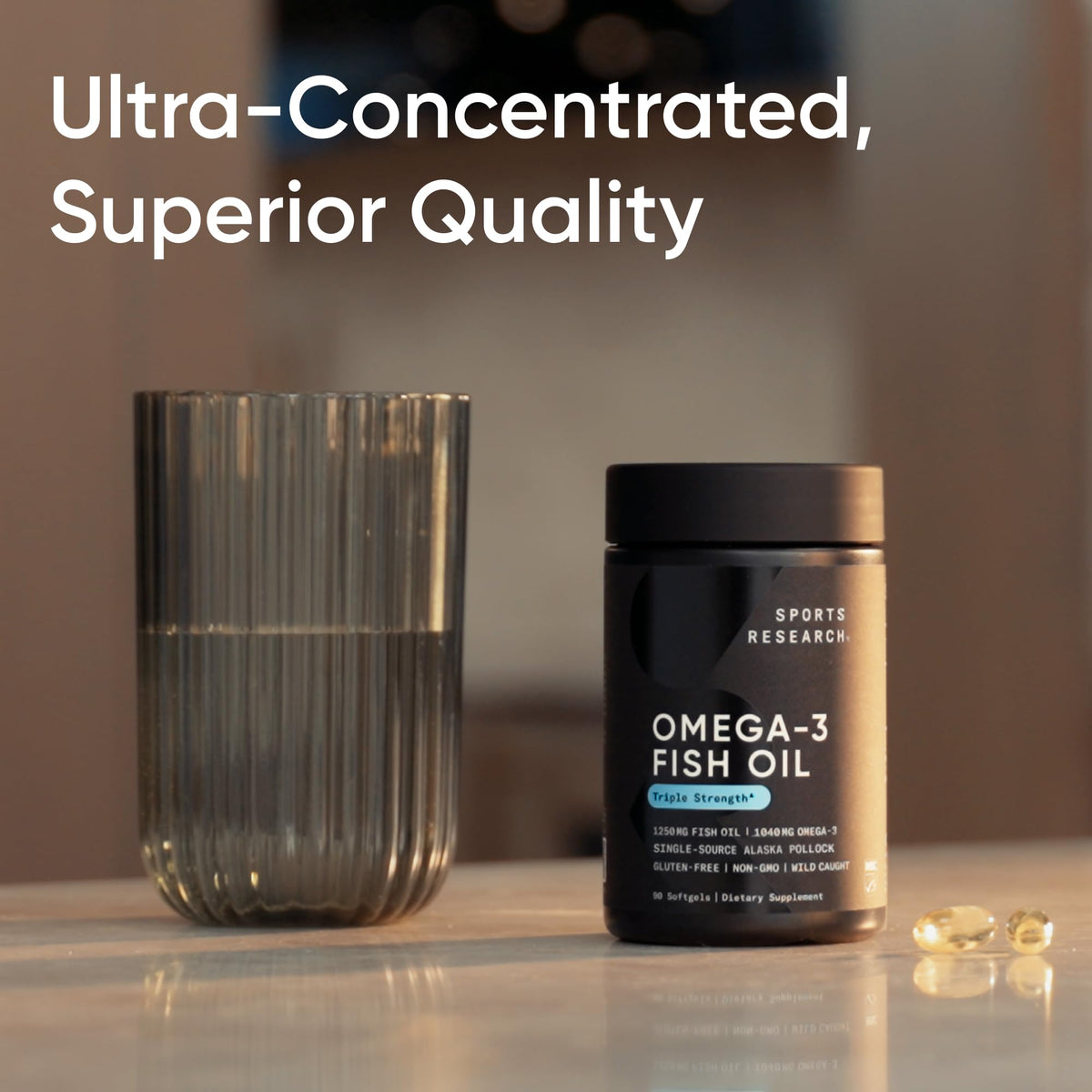 Sports Research wild Alaskan pollock marine oil capsules demonstrating the advanced oxygen-protected burpless softgel technology