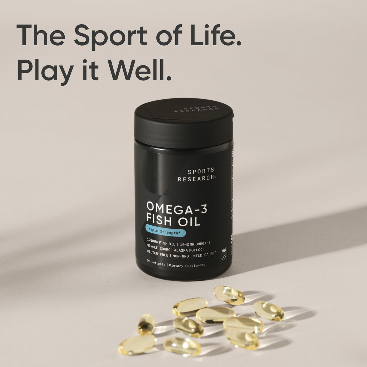 Sports Research triglyceride form omega three health supplement sitting upright on a clean retail display counter surface
