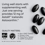 Single red carotenoid softgel capsule from Sports Research Astaxanthin bottle for daily skin and eye support.